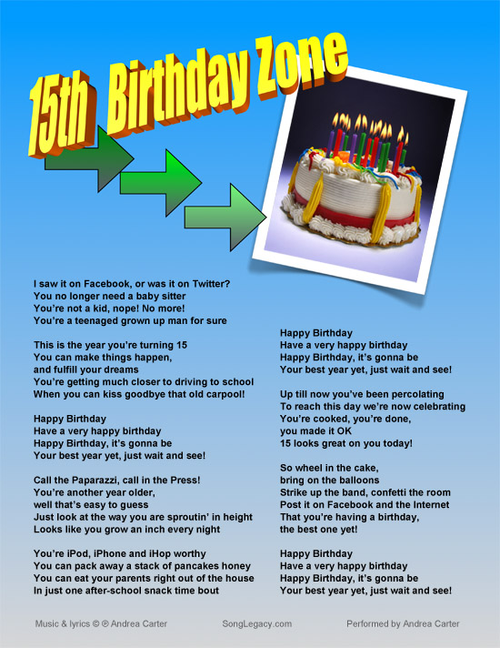 Lyrics sheet for 15th Birthday song for a boy