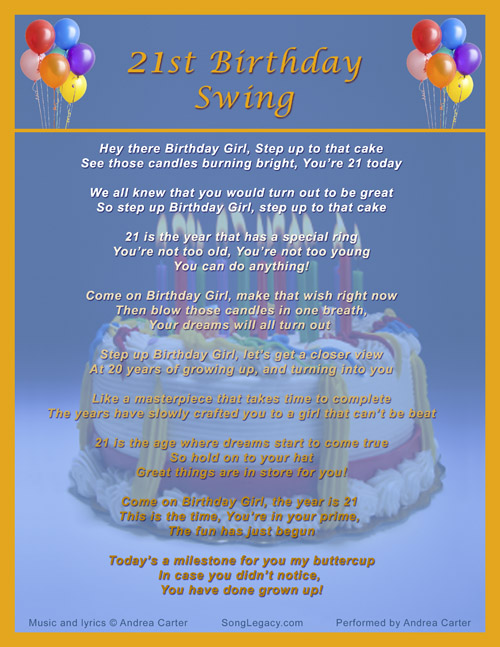 Lyric Sheet for original 21st birthday song by Andrea Carter