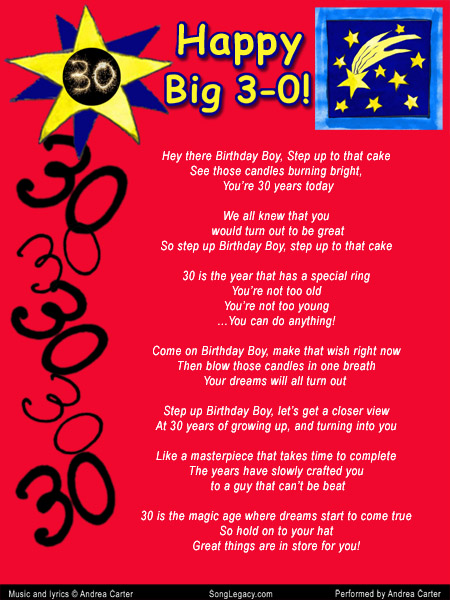 Page 1 of Lyric Sheet for original 30th birthday song for a man, composed by Andrea Carter