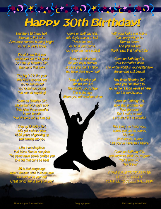 Lyric Sheet for original 30th birthday song for a woman, composed by Andrea Carter