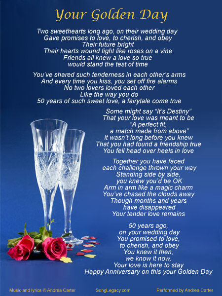 Champagne glasses and roses lyric sheet with lyrics to 50th anniversary song