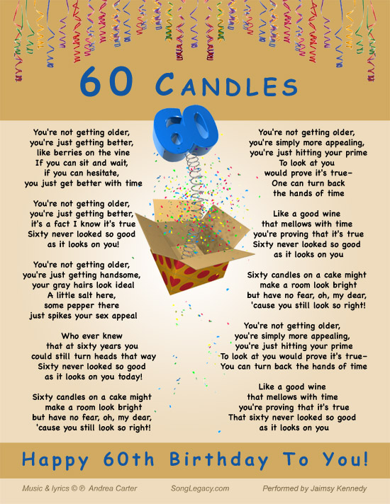 Lyric Sheet for original 60th birthday song for a man, composed by Andrea Carter