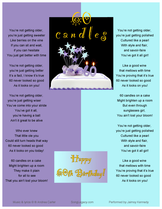 Lyric Sheet for original 60th birthday song for a woman, composed by Andrea Carter
