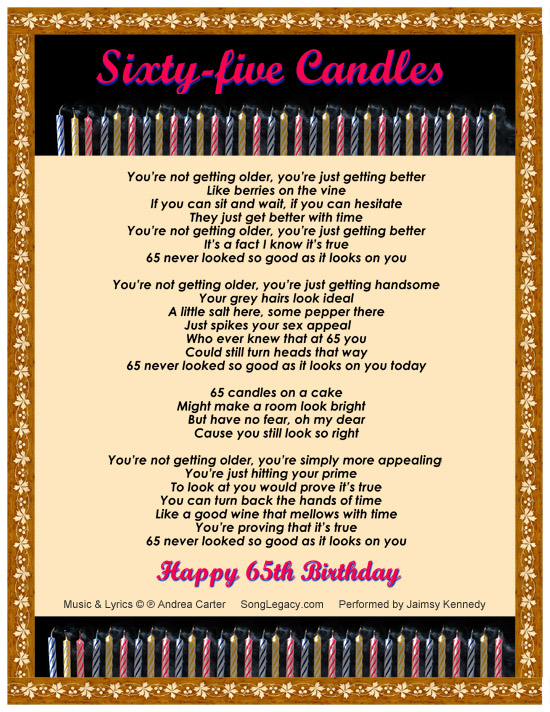 Lyric Sheet for original 65th birthday song for a man, composed by Andrea Carter