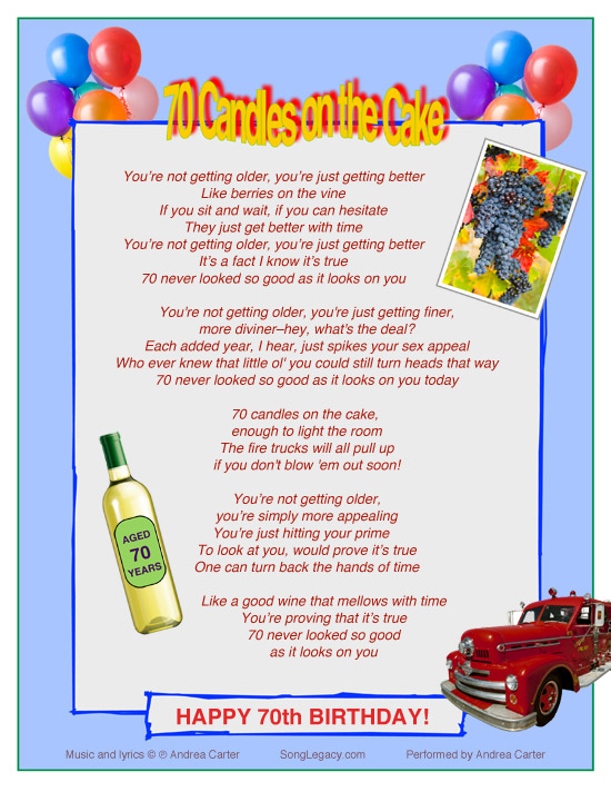Lyric Sheet for original 70th birthday song for a man or woman
