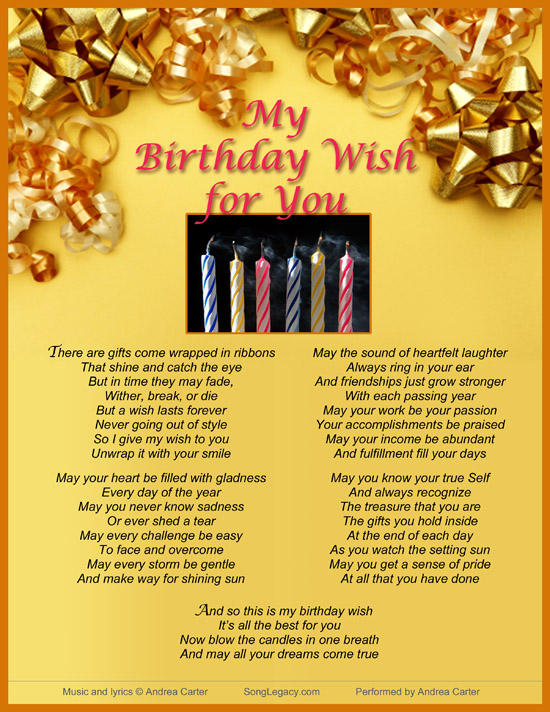 Lyric Sheet for original birthday wishes song My Birthday Wish For You, by Andrea Carter