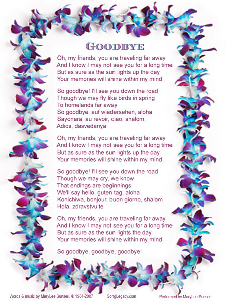 Lyric Sheet for original farewell song by MaryLee Sunseri