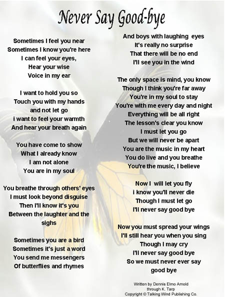 Lyric sheet for Memorial Song Never Say Goodbye