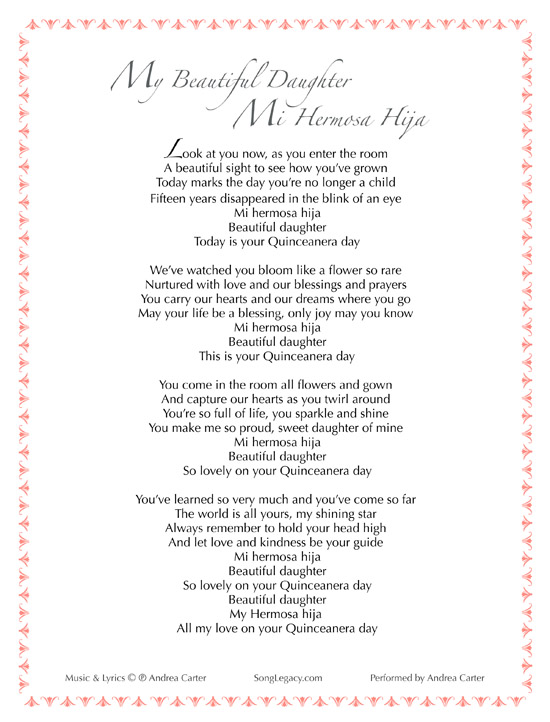 Lyric Sheet for original Quinceanera song My Beautiful Daughter - Mi Hermosa Hija by Andrea Carter
