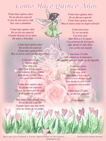 Lyric sheet for original Quinceanera song