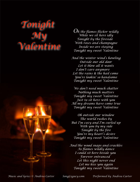 Lyric Sheet for original valentine song Tonight My Valentine, by Andrea Carter