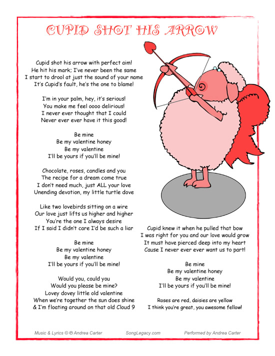 Lyric Sheet for original humorous valentine song Cupid Shot His Arrow, by Andrea Carter