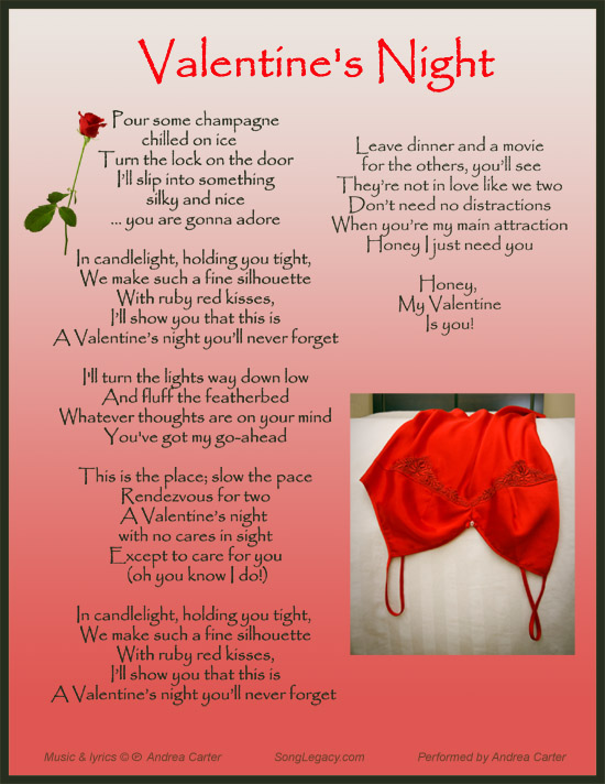 Lyric Sheet for original valentine song Valentine's Night, by Andrea Carter